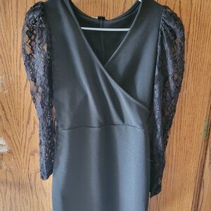 Black Lace-Sleeve Wrap-Front Women’s Dress